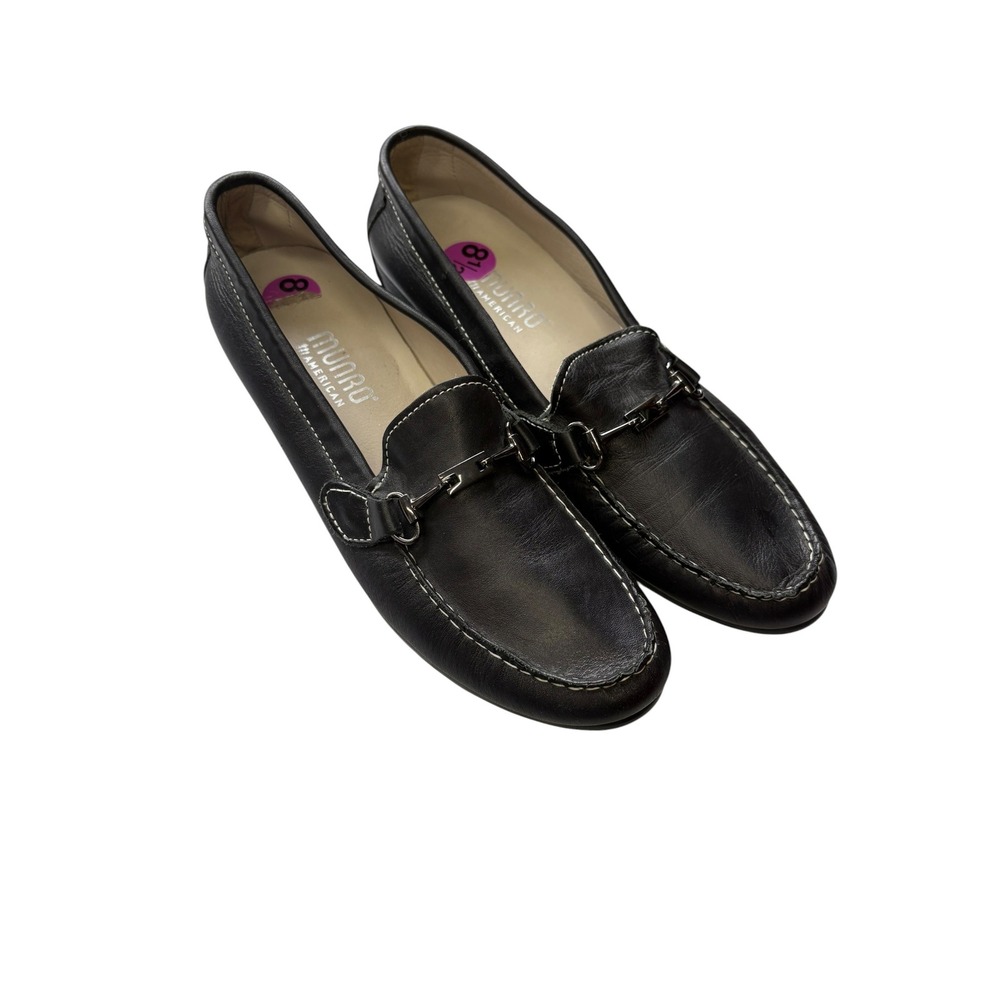 Munro American Black Leather Horsebit Loafers Comfort Career Slip On Flats 8.5
